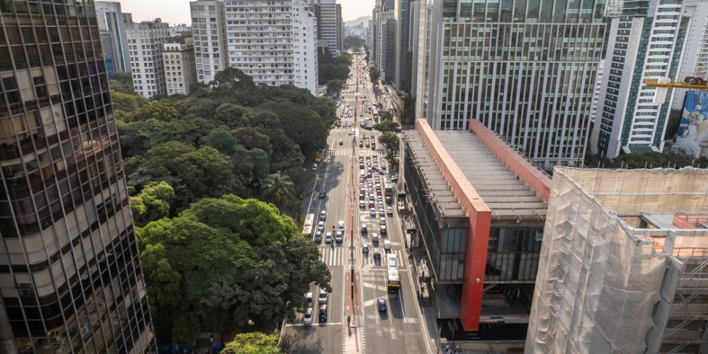 Aerial view of Avenida Paulista (Paulista Avenue) and MASP in Sao Paulo city, Brazil.